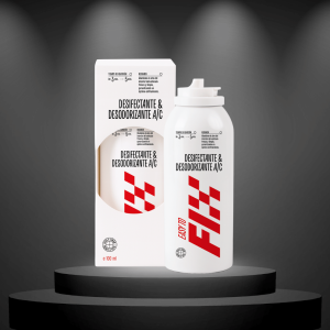 Aerosol blanco de 100 ml FIX, desinfectante y desodorizante para aire acondicionado automotriz, con empaque a juego y diseño moderno sobre fondo negro iluminado.